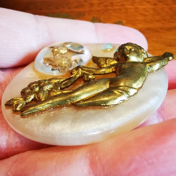 Unique Vintage Round Brooch Cherub Thai Dancer Aurora Borealis - Picture 6 of 12